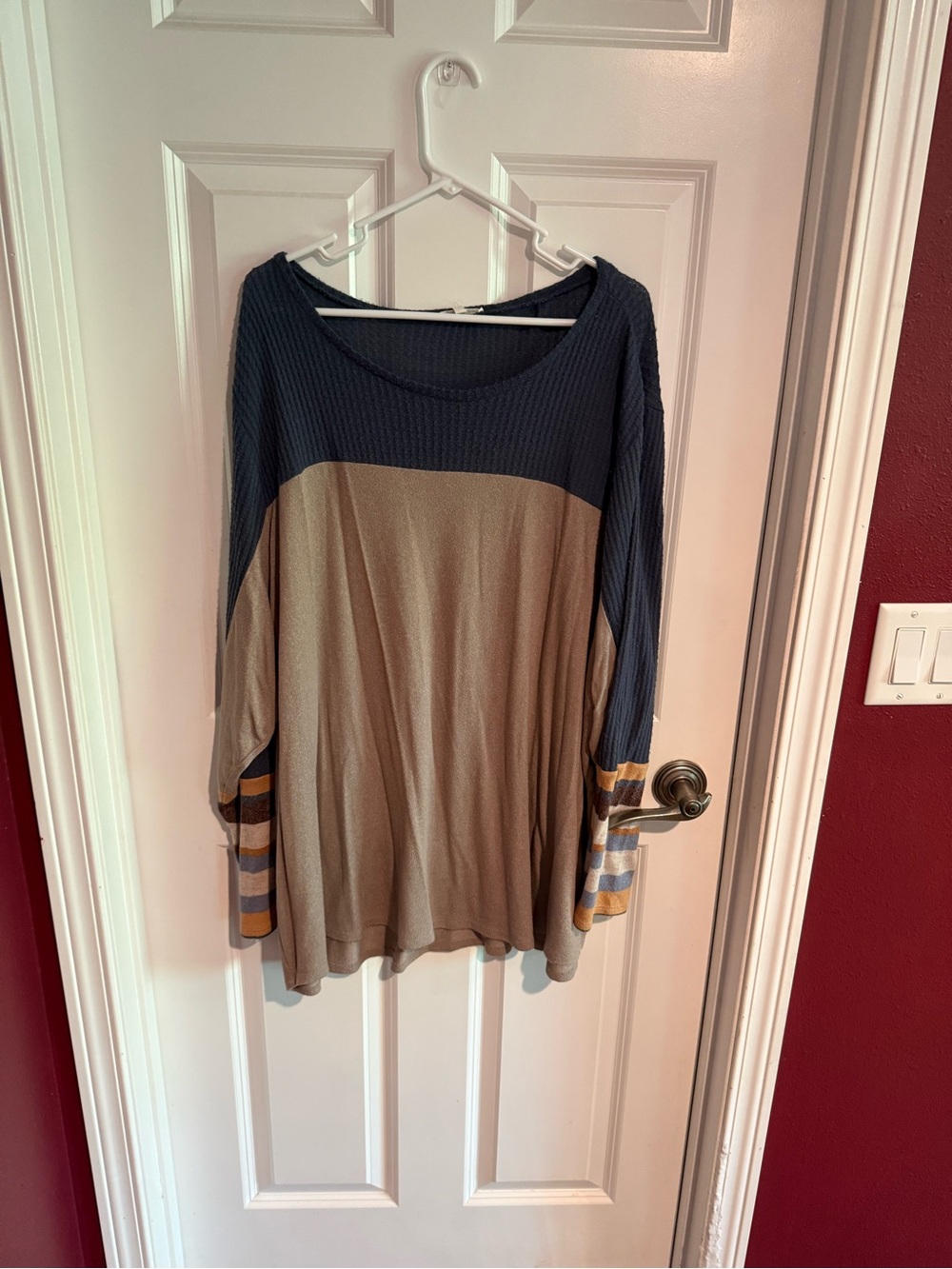Maurices Navy and Taupe Colorblock Knit Top with Striped Sleeves